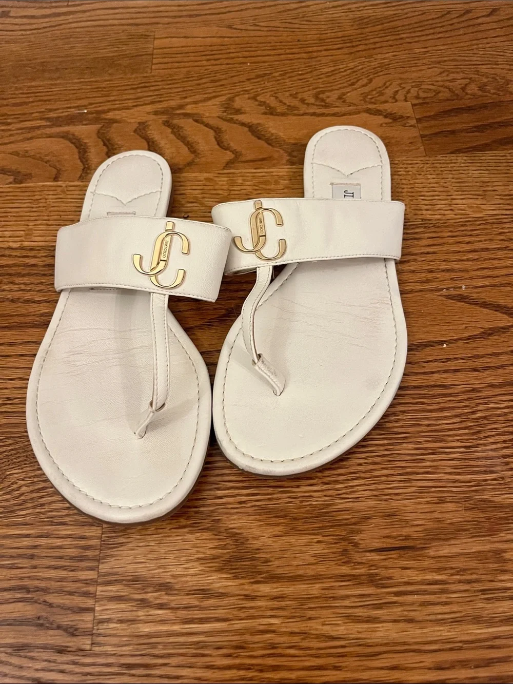 Jimmy Choo JC Monogram Flat Leather Thong Sandals in white/milk leather